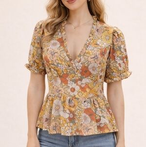 No FRILLS Yellow Floral Ruffle Peplum Puff Sleeve Castlecore Mod Blouse